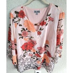 JM Collection Womens Large Pink Floral Animal Print Layered Blouse 3/4 Sleeve To